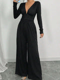 Fongt Women's Dark V Solid-Color Pit Strip Sexy Body-Snley Elegant Temperament Jumpsuit