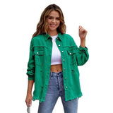 Holes Raw-edges Denim Jacket Women Spring Autumn Shirt Style Jeancoat Casual Top Rose-Red Orange Purple Outerwear Lady