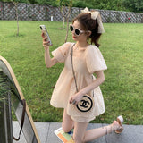 Women Tops and Shorts Puff Sleeve Solid Elegant Holiday Outfit Tender Ladies Ulzzang Chic Charming Stylish Square