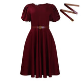 Fongt Women's 2025 Summer Fashion Bubble Sleeve Elegant High- Waist Solid Colored Round Dress African Dress