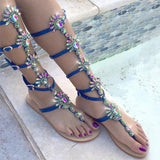 Sandal Boots Rhinestone Lady Knee High Boots Thin High Heels Stiletto Crystal Dress Summer Shoes Sandalias Bohemia
