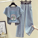 Women Summer Two Pieces Set Korean Casual Ruffles Lace Patchwork Letter Print Top And Wide Leg Denim Pants