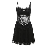 Fongt 2025 New Women's Solid Color Sexy Lace Splicing Design Body-Body Perspective Sling Dress