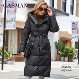 Winter Down Jacket Women Long Classic zipper Belt Design Pocket Hooded Slim Parkas Female Coat