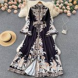 Fongt And Autumn Retro Collar Horn Sleeve Print Dress Women In Court Style Over The Long Skirt