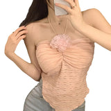 Pure Desire Sling Vest Summer Design Beautiful Back Short Irregular Flowers Pink Back Sweet Spicy