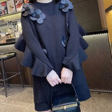 Autumn Beading Ruffles Spliced Sweatshirts Female Clothing Chic Floral Three-dimensional Decoration O-Neck Midi Pullovers-Outfit