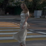 Fongt New Women's Wear Collar Bubble Sleeve Side Open Fork Wave Dot Long Dress