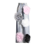 Fongt Small Style 2024 Autumn New Heavy Industry Design Sense High Waist Straight Tube Three-Dimensional Flower Splicing Jeans-Outfit