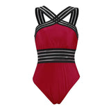 Sexy Women Beach Romper Stripes Mesh Spliced Off Shoulder Cross Backless Beachwear Bodysuit With Pad Sports Bath