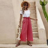 Fongt New Women's Summer Loose Waist Solid Cotton Belt Broad Leg Pants Loose Nine-Point Trousers Women