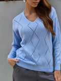 Fongt And Winter New V-Neck Rhyme Lattice Hollow Knitted Women's Loose Long-Sleeved Sweater