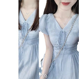 Fongt Sweet V Gets Blue Tie Belt Dress Female Summer New Style Close Waist Show Thin Fold Wrinkle First Love Long Skirt-Outfit
