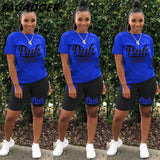 Summer Casual PINK Letter Print Two Piece Sets Women Short Sleeve Top And Skinny Pants Tracksuits Famale 2pcs