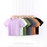 Trendy Women's T-Shirt Summer New Round-Neck Short-Sleeved Solid Color Short Navel Slim Pullover-Outfit