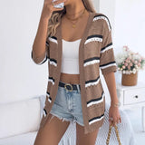 Fongt Shooting 2025 Spring And Summer Casual Striped Air Sleeve Knitted Knitted Holiday Cardigan Women's Clothing