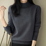 Loose Solid Color Screw Thread Sweaters Commute All-match Half High Collar Autumn Winter Thick Long Sleeve Knitted Jumpers-Outfit