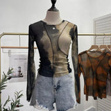 Spring Slim Women See-through Irregular Patchwork Mesh T-shirts Girls O-neck Full Sleeve Sheath Thin Crop Tops-Outfit