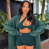 2022 Spring Summer Women Solid Ribbed 2 Pieces Irregular Crop Top Biker Shorts Set Streetwear Tracksuit Outfit