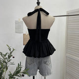 Fongt Retro Hanging Neck Tie With Bare Back Sling Skirt Folded Short Sleeveless Top Woman 9225