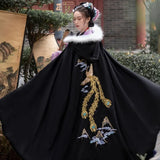 Ancient Black Hanfu Cloak Women Chinese Style Princess Costume Female Autumn Winter Warm Embroidery Hooded Cape Coat-Outfit