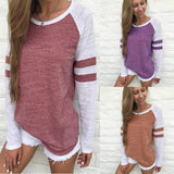 Fongt Fashion New Summer Hit-Colored Stripe Splicing Long-Sleeved T-Shirt Round Collar Top Lady