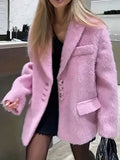 Fongt Women's Fashion Collar Plush Coat Women's Single Row Buckle Long-Sleeved Elegant Wind Coat Suit Top