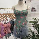 Fongt Shoot 辣tie Bra Irregular Sling Sling Vest Slimming Print Mesh Sleeveless Top 8950