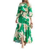 Fongt Temperament Elegant Inclined Shoulder Dress Ins Print Lantern Sleeve High-Waisted Dress