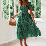 Fongt New Wish Burst Square Collar Bubble Sleeve Floral Dress Dress-Outfit
