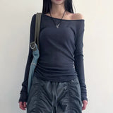 Girls Sexy French Solid Color Slim Long-Sleeved Blouse 2023 Shoulder Stitched Fashionable Knitted T-Shirt-Outfit