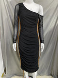 Fongt 2024 The New Women's Long Sleeve Mesh Splicing Inclined Shoulder Long Temperament Pleated Dress