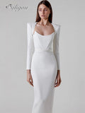 2023 New Women's V-neck Bandage Dress Sexy Full Sleeve Solid Celebrity Bodysuit Club Evening Midi Party Dress