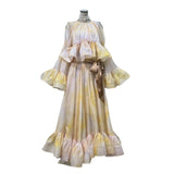 Spring Atmosphere Super Beautiful Age Reduction Lotus Leaf Side Dyed Shoulder Horn Long Sleeve Top + Irregular Long