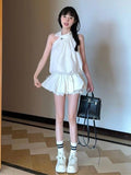 Aging Simple Temperament Suit Women's Summer Design Sense Hanging Neck Blouse Waist Fluffy Half Skirt Two Sets-Outfit