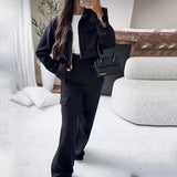 Fongt 2023 New Fashion Solid Color Zipper Short Coat Slim Cargo Pants Suit Female-Outfit