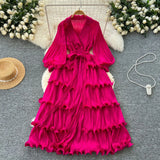 Fongt New Elegant Dress Spring Dress High-End Retro Collar Lantern Sleeves To Close Waist Lotus Leaves Side Pressure Skirt Dress Woman