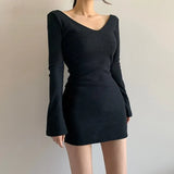 Basic Solid V-Neck Dress Korean Style Sexy Slim Long Flare Sleeve Mini Dresses For Women 2021 Elegant Fashion