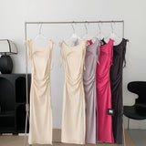Women Fashion Solid Midi Dress Vintage Backless Sling Dress Thin Straps Female Dresses