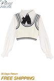 Women Preppy Style Two-piece Set Knitted Vests Long Sleeve Turn-down Collar Blouse Shirt Autumn Fashion Vintage