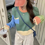Fongt Splicing Short Head Sweater Female Spring And Autumn Korean Soft Waxy Show Thin Age Reduction Sweet Sweater Long Sleeve Jacket-Outfit