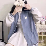 Japanese Kawaii Patchwork Bomber Jackets Women Preppy Style Cute Rabbit Corduroy Baseball Jacket Oversize Coats