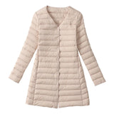 Light Down Jacket Female Medium Long Round Collar Fashion Coat With V-Neck Warm Large Size Inner Bladder Coat Tide-Outfit