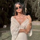 Fongt Summer New Women's Sexy Thin Dress V Collar Shawl Sleeve Hollow White