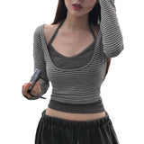 Fongt U-Shaped Low-Neck Two-Piece Striped T-Shirt Hanging Neck Vest 2025 Fashion-Colored Knitted Shirt