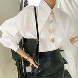 Fashion Elegant Blouse Retro Loose Autumn Thin All-match Tops Lapel Turn Down Collar Lantern Sleeve Casual Shirt