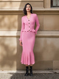 Fongt V-Neck Loaf Side Long Sleeve Open Shirt Bag Hip Fishtail Long Dress Elastic Knitted Two-Piece Suit Woman