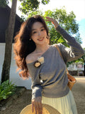 Fongt Xixi 2025 Spring New Ins Temperament Shoulder Wool Bottom Shirt Long-Sleeved Knitwear Women's Top 25149
