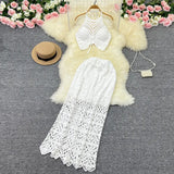 Fongt Tourist Vacation Wind Summer Sling Short Hook Flower Vest Long Skirt Two Suits-Outfit