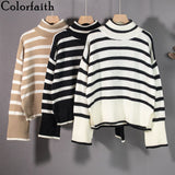 2021 Autunm Winter Women Sweaters Turtleneck Striped Vintage Oversized Split Knitwears Elegant Lady Tops